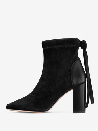 ブラック レディース スエード パッチワーク チャンキー ヒール アンクル ブーツ タッセル付き