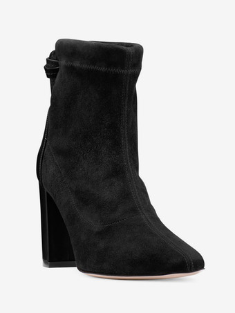 レディース スエード パッチワーク チャンキー ヒール アンクル ブーツ タッセル付き