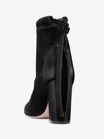 レディース スエード パッチワーク チャンキー ヒール アンクル ブーツ タッセル付き