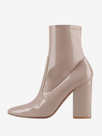 肌色レディース ブラック ポインテッドトゥ チャンキー ヒール アンクル ブーツ