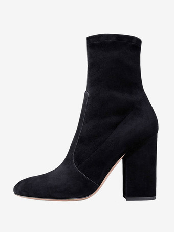 ブラック レディース ブラック ポインテッドトゥ チャンキー ヒール アンクル ブーツ