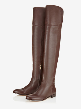 ブラウン ブラック PU レザー オーバーニーブーツ フラット ラウンドトゥ サイハイブーツ