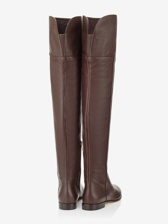 ブラック PU レザー オーバーニーブーツ フラット ラウンドトゥ サイハイブーツ