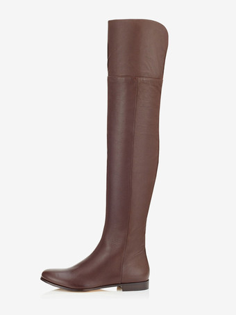 ブラック PU レザー オーバーニーブーツ フラット ラウンドトゥ サイハイブーツ