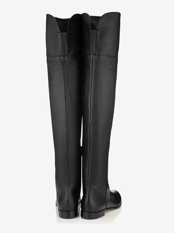 ブラック PU レザー オーバーニーブーツ フラット ラウンドトゥ サイハイブーツ