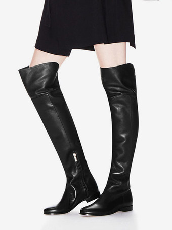 ブラック PU レザー オーバーニーブーツ フラット ラウンドトゥ サイハイブーツ