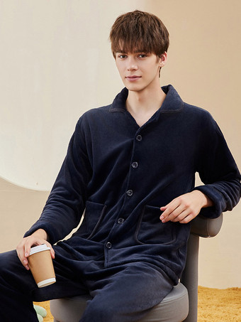 ダークネイビーホームウェア ターンダウンカラー 長袖 フランネル ラウンジ