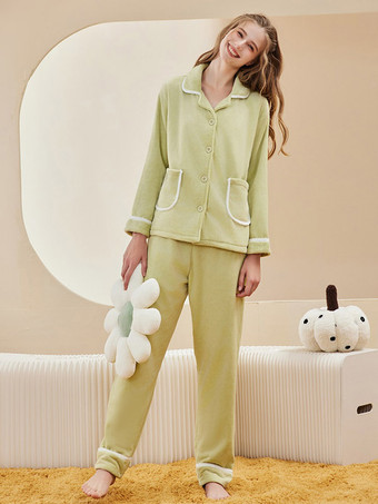 グリーン ホームウェア ターンダウンカラー 長袖 フランネル ラウンジ