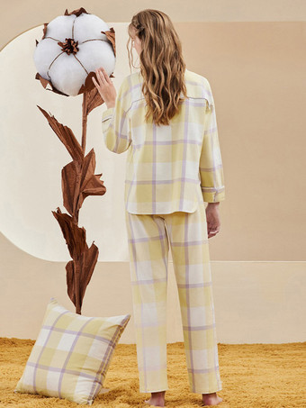 ホームウェア ターンダウンカラー 長袖 チェック柄 コットン ラウンジ