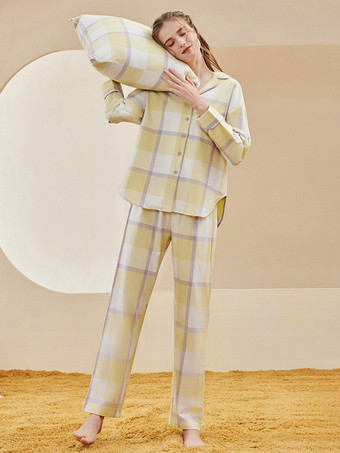 イエローホームウェア ターンダウンカラー 長袖 チェック柄 コットン ラウンジ