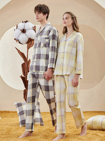 ホームウェア ターンダウンカラー 長袖 チェック柄 コットン ラウンジ