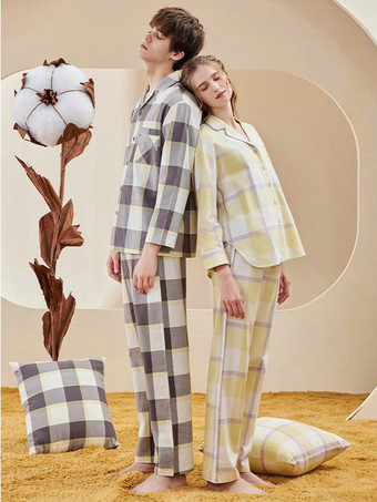 ホームウェア ターンダウンカラー 長袖 チェック柄 コットン ラウンジ