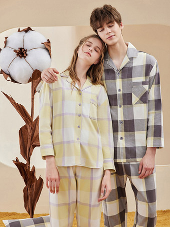 ホームウェア ターンダウンカラー 長袖 チェック柄 コットン ラウンジ