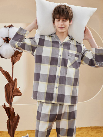 ホームウェア ターンダウンカラー 長袖 チェック柄 コットン ラウンジ