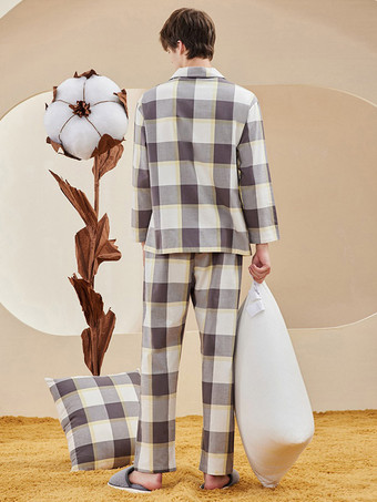 ホームウェア ターンダウンカラー 長袖 チェック柄 コットン ラウンジ