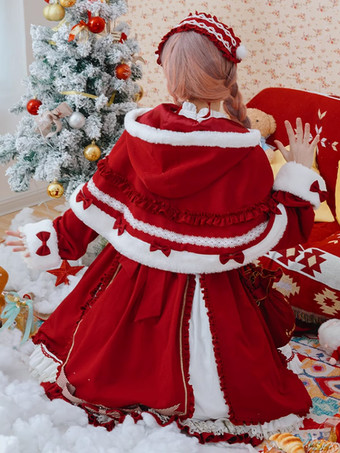ROCOCO スタイル ロリータ ケープ クリスマス レッド ポリエステル ポンポン 冬ロリータ アウター