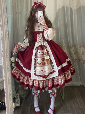 ワインレッド スイートロリータドレス ポリエステル長袖ロリータドレス
