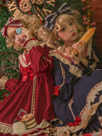 クラシックロリータドレスポリエステル長袖ロリータドレスクラシックブルー