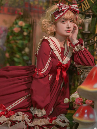 クラシックロリータドレスポリエステル長袖ロリータドレスクラシックブルー