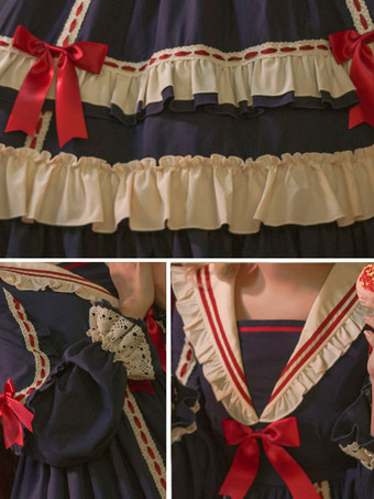 クラシックロリータドレスポリエステル長袖ロリータドレスクラシックブルー