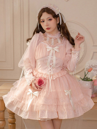 ピンクゴスロリ ドレス フリル レースアップ ブラック ブラック