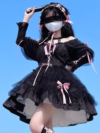 ゴスロリ ドレス フリル レースアップ ブラック ブラック