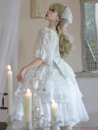 ロリータ ドレス ティー パーティー スタイル ロリータ スカート レース ノースリーブ ポリエステル スイート ホワイト