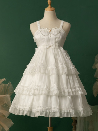 ロリータ ドレス ティー パーティー スタイル ロリータ スカート レース ノースリーブ ポリエステル スイート ホワイト