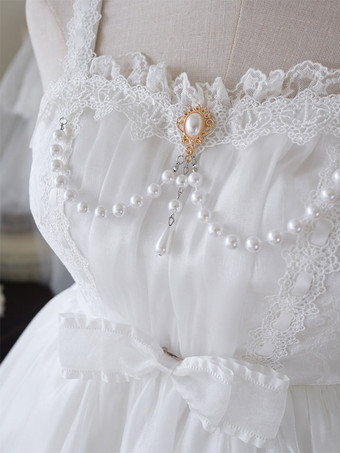 ロリータ ドレス ティー パーティー スタイル ロリータ スカート レース ノースリーブ ポリエステル スイート ホワイト