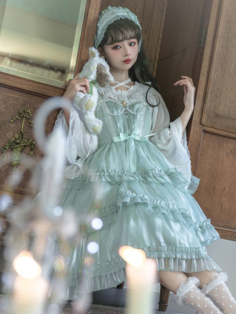 ロリータドレス ティーパーティースタイル ロリータスカート フリル ノースリーブ ポリエステル 甘い ライトグリーン