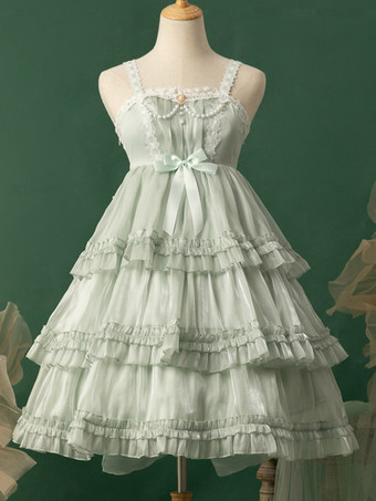 ロリータドレス ティーパーティースタイル ロリータスカート フリル ノースリーブ ポリエステル 甘い ライトグリーン