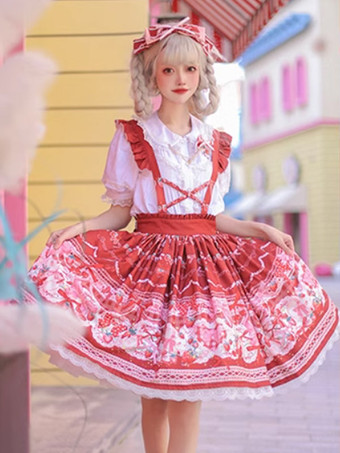 スイートロリータSKリボンフリルブラックフローラルプリントロリータスカート