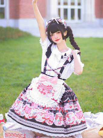 ブラック スイートロリータSKリボンフリルブラックフローラルプリントロリータスカート