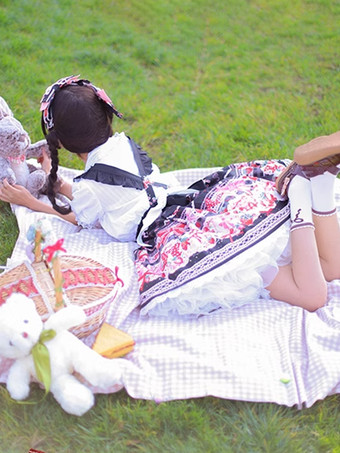 スイートロリータSKリボンフリルブラックフローラルプリントロリータスカート