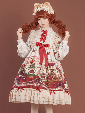 アイボリー スイートロリータドレス ポリエステル長袖ドレス ロリータドレス