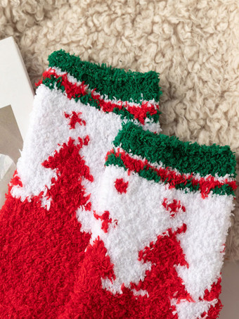 コーラル フリース ソックス クリスマス パターン冬暖かい赤のソックス