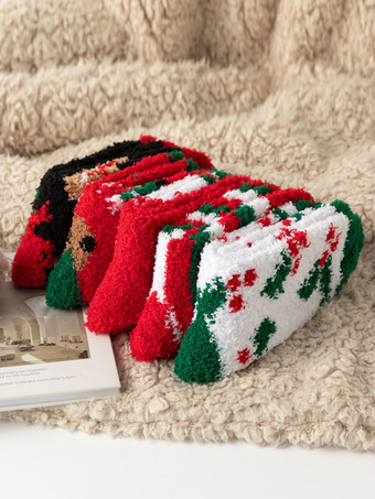 コーラル フリース ソックス クリスマス パターン冬暖かい赤のソックス