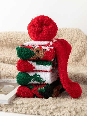 コーラル フリース ソックス クリスマス パターン冬暖かい赤のソックス