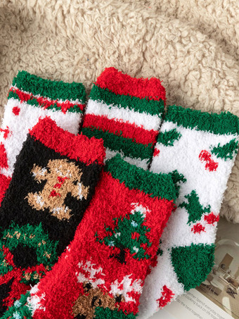 コーラル フリース ソックス クリスマス パターン冬暖かい赤のソックス