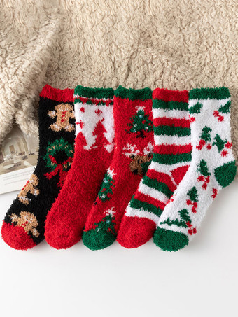 レッド コーラル フリース ソックス クリスマス パターン冬暖かい赤のソックス