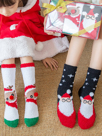 ソックス レッド コーラル フリース クリスマス パターン