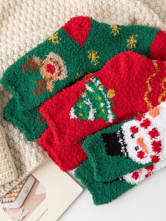 ソックス レッド コーラル フリース クリスマス パターン