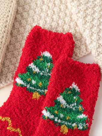 ソックス レッド コーラル フリース クリスマス パターン
