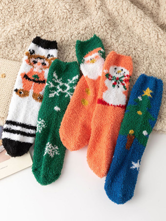 ソックス オレンジ コーラル フリース クリスマス パターン