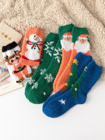 ソックス オレンジ コーラル フリース クリスマス パターン