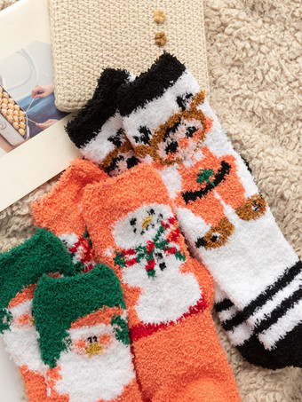 ソックス オレンジ コーラル フリース クリスマス パターン