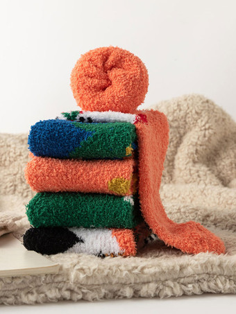 ソックス オレンジ コーラル フリース クリスマス パターン