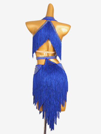 ラテンダンスドレス ロイヤルブルー レディース フリンジ ライクラスパンデックス ドレス ダンス衣装