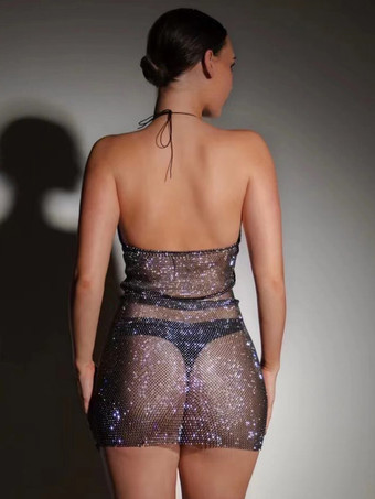 半透明のカルブドレスホルターネックスパンコールバックレス超セクシーなドレス