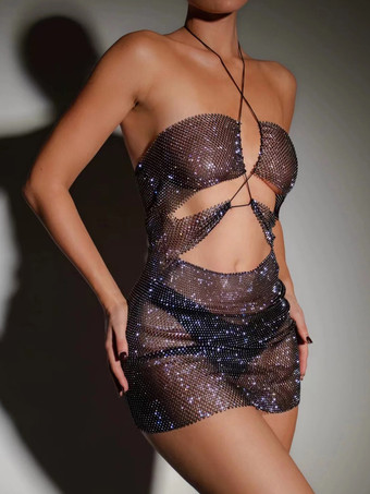 半透明のカルブドレスホルターネックスパンコールバックレス超セクシーなドレス